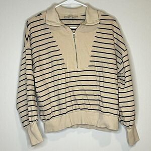 LOFT Cream and Black Striped Half-Zip Cotton Sweater